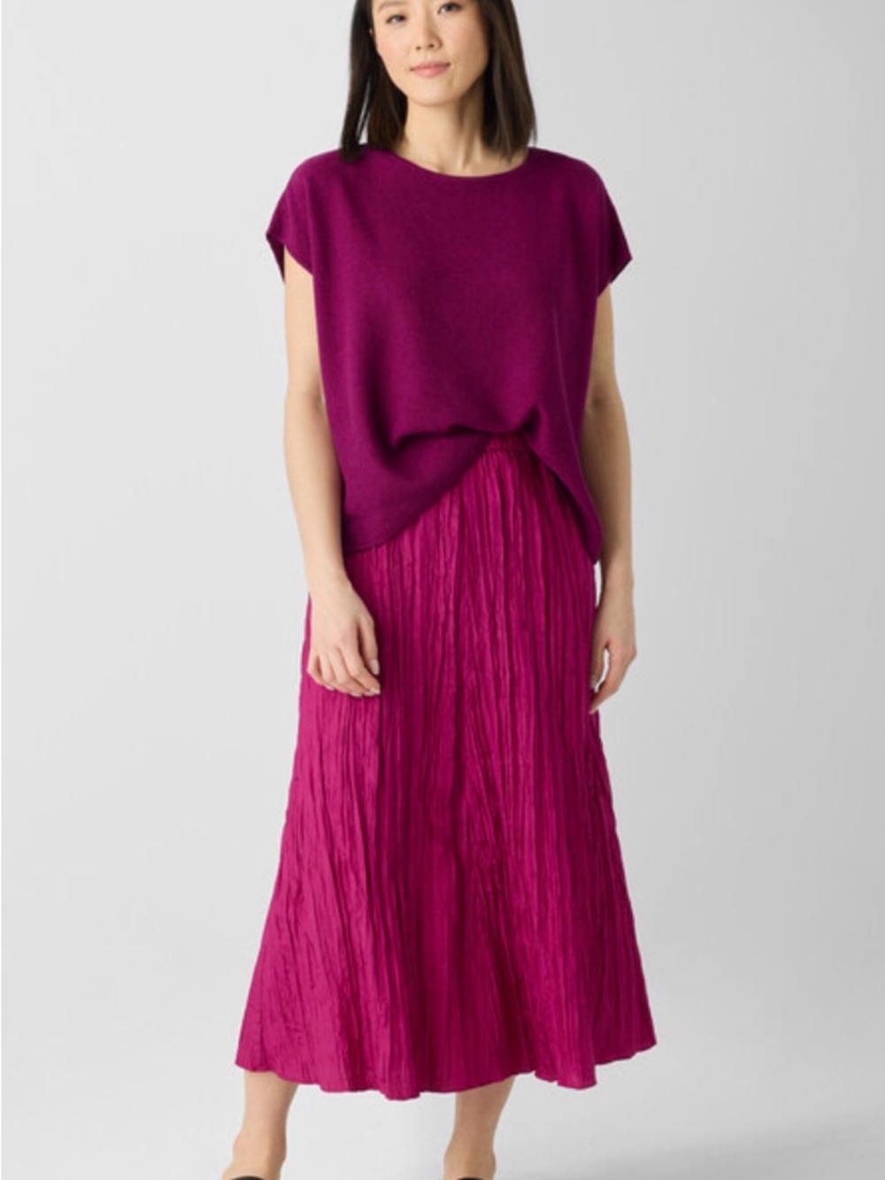 Eileen Fisher sangria Flared Crushed 100% silk Fuchsia Crinkle MIDI Skirt NEW